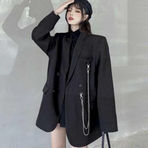 New Suit Jacket Women's Trendy Dark Black  Retro Loose And Thin Fried Street Suit Jacket Women 2021 Spring And Autumn Loose A