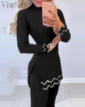 Women 2pcs Beads Deisgn Sets Long Sleeve Ribbed Slit Beading Long Sweater and High Waist Knitted Pencil Pants Set