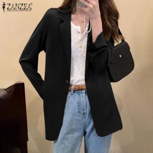 Elegant Women Long Sleeve Solid Blazer Autumn Lapel Neck Loose OL Jackets 2021 ZANZEA Stylish Casual Outwear Office Suits Coats