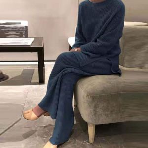 New Fashion Homewear Women Soft 2 Piece Set Autumn Winter Solid O Neck Pullover Tops Knitted Pants Elegant Pajama Women's Sui