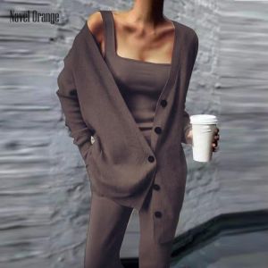 New Women Square Collar Vest Long Cardigan Coats Trousers 3PCS Suits Spring Autumn Solid Loose Ladies Sets Plus Size 3XL Outfits