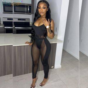 HAOYUAN Sexy Mesh Sheer Spliced Two Piece Set Tracksuit Women Bodysuit Pants Summer Clothes Vacation Club Outfits Matching Sets