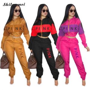 Fashion 2 Piece Set Pink Letter Print Tracksuits Women Zipper Coat And Pants Suit Sporty 2pcs Outfits Streetwear Matching Set