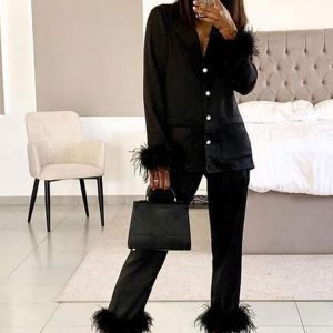 Two Piece Chic Feather Detail Lounge Suits Female  Long Sleeve Button Top & Slim Pants Set Solid Ladies Casual Autumn Woman