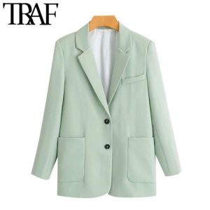 TRAF Women Fashion Office Wear Single Breasted Blazers Coat Vintage Long Sleeve Pockets Female Outerwear Chic Tops