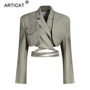 Articat Gray Double Layer Bandage Slim Blazer Women Long Sleeve Pocket Short Jacket Female Notched Collar Outwear Tops 2021 New