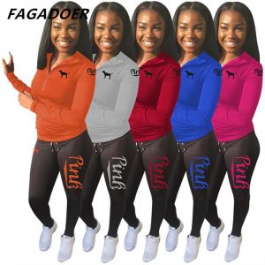 Fagadoer PINK Letter Print Outfits Zip Stand Collar Top + Leggings Pants Casual 2 Piece Set Women Tracksuits Sport Sweat Suits