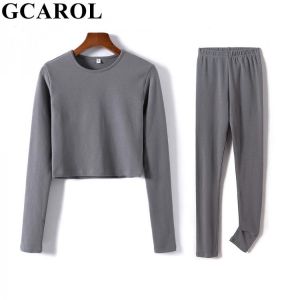 GCAROL 2021 Women‘sets 2 Pcs 95% Cotton Sexy Crop T-shirt Hip Lift Yogo Legging Stretch Fitness Breath Tees Full Length Pants