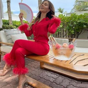 Autumn Women Soft Feather Home Suit Pajama Elegant Homewear Two Piece Set Fashion Turn-down Collar Button Top+Wide Leg Pant Suit