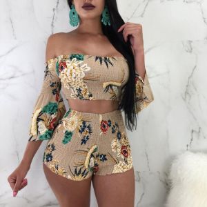 2021 Floral Print Casual Two Piece Set Off Shoulder Cami Top & Shorts Set Summer Short Tracksuit Women Sexy Bodycon Romper S-X