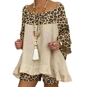 Summer Two Pieces Shorts Set Women Outfit Flare Sleeve Leopard Patchwork Slash Neck Plus Size T-shirt Loose Shorts Suits Casual