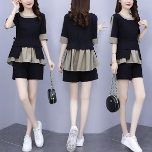 Stitching Pleated Round Neck Top + Elastic High Waist Shorts 2 Two Piece Suit Women Summer 2021 Casual Plus Size Clothing Set
