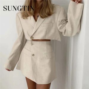 Sungtin Sexy Copped Blazer 2 Piece Set Empire Split Skirts Set Suit Women Single Button Blazer Empire Solid Skirts Summer Korean