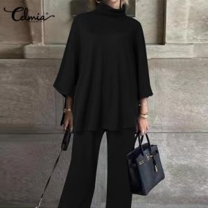 Celmia Casual Loose Solid Suit Winter Warm 2 Pieces Set Fashion 2021 Women High Collar 3/4 Sleeve Tops and Wide Leg Long Pants