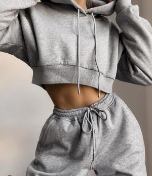 Autumn Winter Women's tracksuit Solid Hoodie Sweatshirt Two Piece Woman Set Crop Top and Pants Sport Jogger Suit Female Cloth