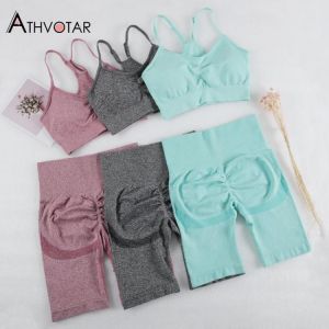 ATHVOTAR Two Piece Shorts Set Women Sexy Bra Seamless Leggings Fitness Sport Gym Workout Elasticity Tracksuits Biker Short Suits