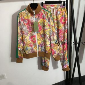 Luxury Design 2021 autumn winter new women's suit fashion flower print stand collar zipper jacket + elastic high waist pants