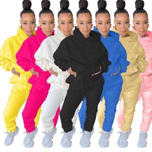 1L171 Autumn Winter Women Outdoor Casual Home Solid with Hood Sports  Two Piece Set Top and Pants Tracksuit Sweatsuit Outfits