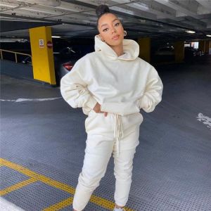 2021 Solid Women's 2 pcs Set Hooded Sweatshirt Jogger Pants Suit Tracksuit Matching Set Autumn Winter Casual Outfits