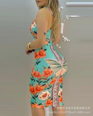 2021 summer new elegant blue butterfly floral vest printed skirt