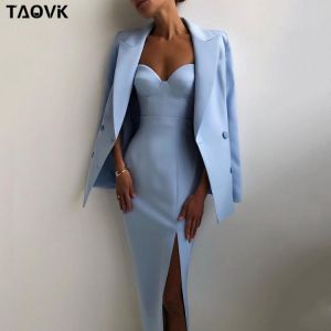 Taovk Women Dress Suits Office Lady Formal Business Set Uniform Work Wear Blazers Camis Tops+dress with Slit Hem 3 Pieces Set