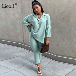 2 Piece Set Casual Loose T Shirt Tops And Pants Cropped Trousers Streetwear Asymmetric Button Up Green Apricot Sexy outfits Sets