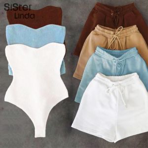 Sisterlinda Casual Fitness Tracksuit Women Two Piece Set Soft Cotton Rib Knit Strapless Bodysuit+Short Trend Matching Streetwear