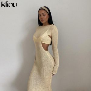 Kliou Knitted Two Piece Set Women Skirt Elegant Lined Sleeveless Camisole Top+Long Sleeve Backless Female Dress