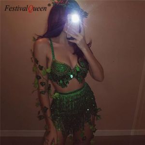 Sparkle Sequins Sexy 2 Piece Outfits Backless Low Cut Bra Crop Tops Bandage Long Tassel Mini Skirts Women Clubwear Matching Sets