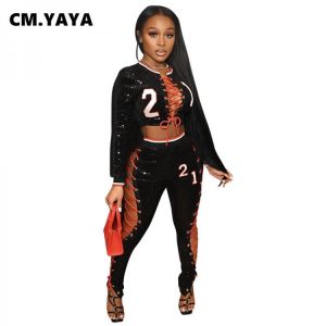 CM.YAYA Women Set Bandage Hollow Out Sequins Full Sleeve O-neck Crop Tops Strechy Pants Two 2 Piece Set Tracksuit Outfit Summer