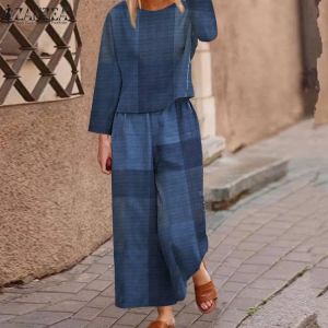ZANZEA Women 2PCS Matching Sets Summer Long Sleeve Blouse Casual Loose Pant Sets Elastic Waist Trousers Vintage Plaid Suits