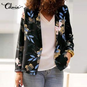 2021 Women Long Sleeve Blazer Suit Celmia Autumn Floral Print Coat Elegant Lapel Collar Casual Buttons Jackets Holiday Outerwear