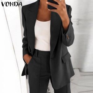 Women Coats With Pockets VONDA 2021 Casual Lapel Collar Button Up Suit Blazer OL Style Solid Long Sleeve Beach Streetwears