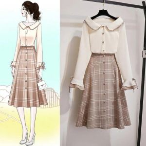 Half-length skirt suit female plus size autumn new style trumpet sleeve doll collar casual shirt mid-length skirt two-piece suit