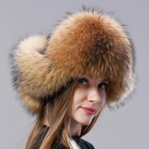 Natural Fox Fur Russian Aviation Hat with Ears Ushanka Women Winter Warm Fluffy Stylish Female Tail Cap Fashion Real Fur Hats