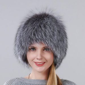 Hot Sale Winter Hat 100% Real Natural Silver Fox Fur Women's Knitted Fur Cap Women Hat Fox Fur Hat Female Ear Warm Winter Mus