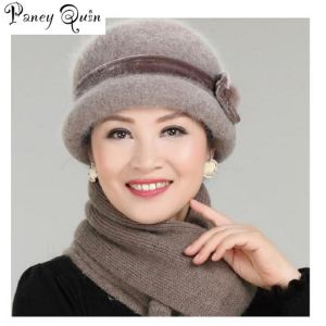 Women Winter BUCKET Hat  Floral Skullies Wool Mixed Rabbit Fur Warm Outdoor Knitted Beanies HATS Cap women gifts for wife