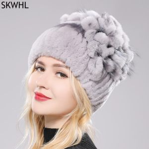 2021 Brand Women Genuine Rex Rabbit Fur Hats Winter Rex Rabbit Fur Beanies Striped Top Flower Fox Fur Warm Real Fur Knit Caps