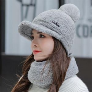 Faux Lamb Fur Knitted Hat Scarf Set For Woman Girl Embroidery Queen Curve Brim Warm Winter Cap Solid Color Pompoms Hat