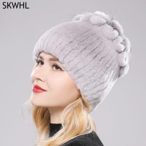 2021 Russia Hot Sale Winter Real Fur Beanies Hat Women 100% Genuine Real Rex Rabbit Hat Good Elastic Knitted Rex Rabbit Fur Caps