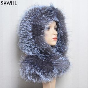 New Arrival Lady Real Fox Fur Hat&Scarf Winter Warm Fluffy Natural Fox Fur Hats&Scarves Women Knitted Genuine Fur Hooded M