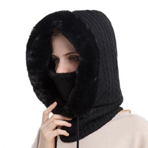 Winter Fur Cap Mask Sets Hooded for Women Knitted Warm Outdoor Ski Windproof Thicken Plush Fluffy Beanies Hat Russian Style