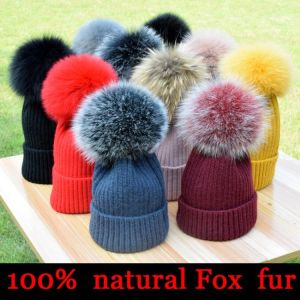 2021 New winter hat luxury quality Fox fur pompom hats beanie High quality Girls women bonnet winter hats for women