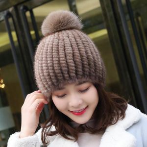 Women Fur Hat  Winter Mink Fur Knitted Hat With Fox Fur Ball Warm