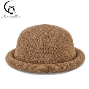 Fibonacci 2021 New Female Mushroom Brim Fedoras Cotton Linen Knit Summer Autumn Trilby Hat Dome  Bowler Women Fedora Hats