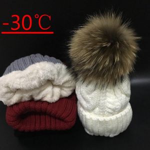 2021 Women's hats Add velvet Fleece Inside Beanies Winter Hats for women 100% Raccoon Fur Pompom Hat Female Twist pattern cap