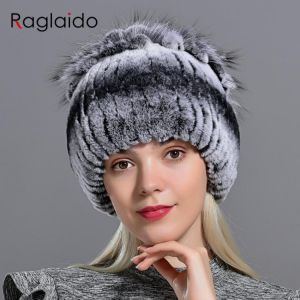 Raglaido Fur Hats for Women Winter Real Rex Rabbit Hat Fox fur kniting female warm snow caps ladies elegant princess beanies cap