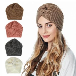 ncmama Knitted Turban Hats Winter Warm Women Bohemia Turban Cashmere Cross Wrap Head Indian Hat Wool Knitting Bonnet Turban Cap