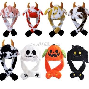 LED Light Up Plush Animal Hat with Moving Jumping Ears Cartoon Milk Cow Earflap Cap Stuffed Toys Christmas halloween Photo Props