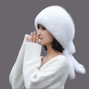 2020 New Women's Fur Hat Natural Raccoon Fur Russian Fox Fur Hats Winter Thick Warm Ears Fashion Bomber Raccoon Cap Snow Caps